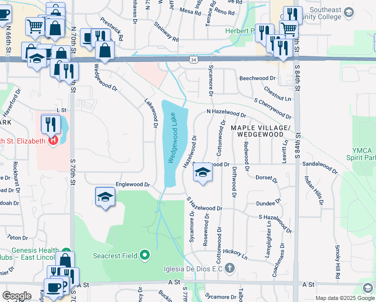 map of restaurants, bars, coffee shops, grocery stores, and more near 621 Hazelwood Drive in Lincoln