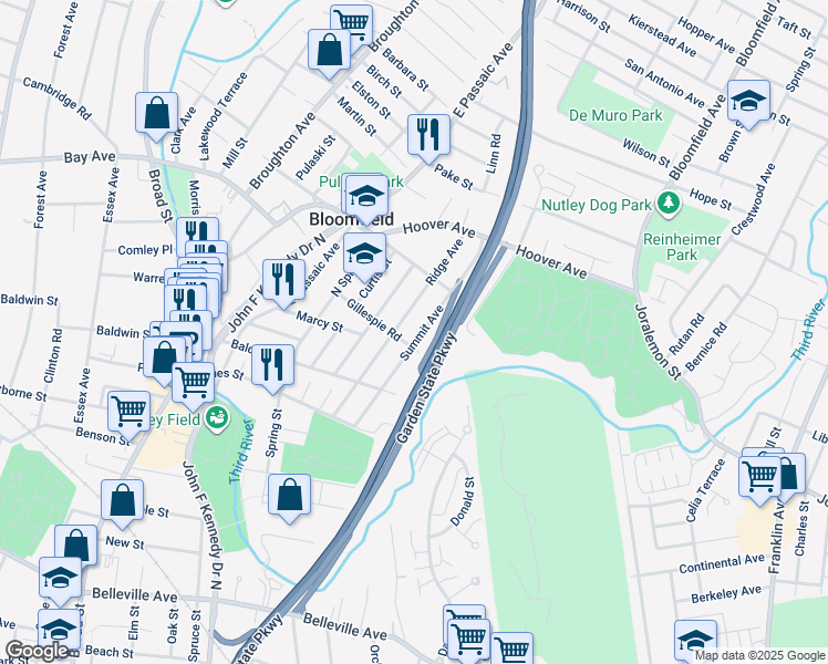 map of restaurants, bars, coffee shops, grocery stores, and more near 100 Summit Avenue in Bloomfield