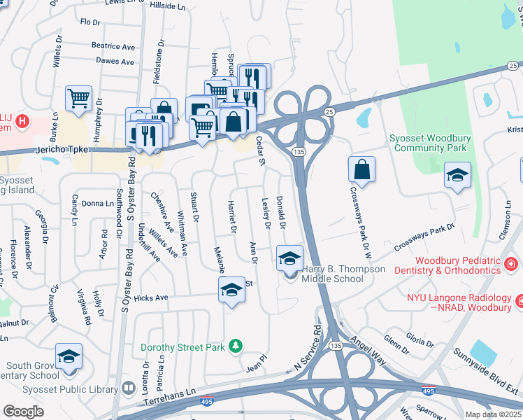 map of restaurants, bars, coffee shops, grocery stores, and more near 16 Lesley Drive in Syosset