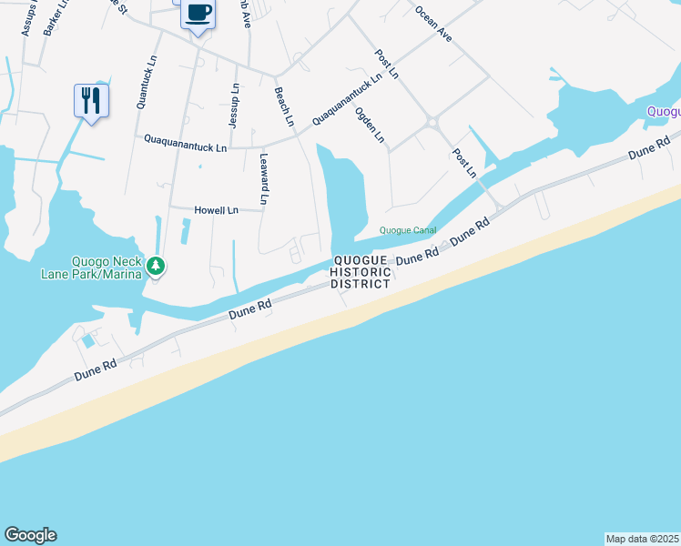 map of restaurants, bars, coffee shops, grocery stores, and more near 61 Dune Road in Quogue
