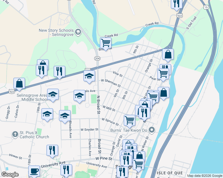 map of restaurants, bars, coffee shops, grocery stores, and more near 605 River Road in Selinsgrove