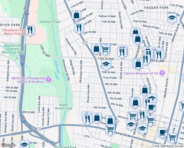 map of restaurants, bars, coffee shops, grocery stores, and more near 1228 10th Street Northwest in Canton