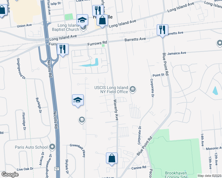 map of restaurants, bars, coffee shops, grocery stores, and more near 212 Storm Dr in Holtsville