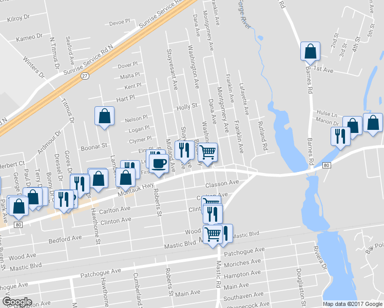 map of restaurants, bars, coffee shops, grocery stores, and more near 15 Stuyvesant Avenue in Mastic
