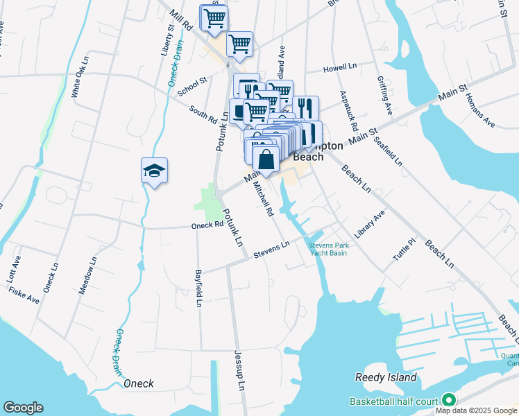 map of restaurants, bars, coffee shops, grocery stores, and more near 19 Mitchell Road in Westhampton Beach