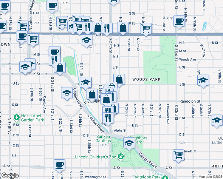 map of restaurants, bars, coffee shops, grocery stores, and more near 628 South 27th Street in Lincoln