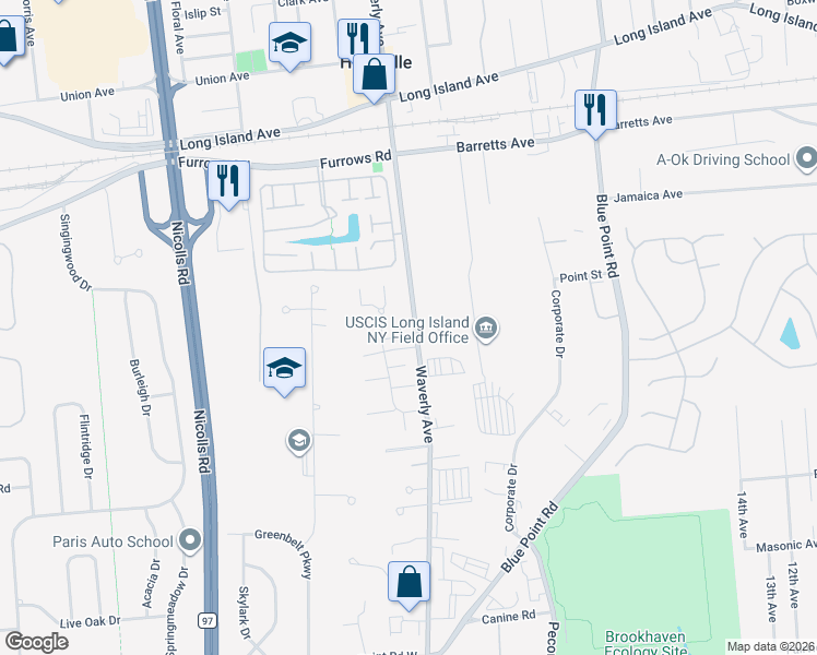 map of restaurants, bars, coffee shops, grocery stores, and more near 212 Storm Drive in Holtsville