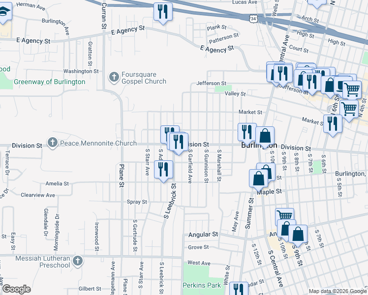 map of restaurants, bars, coffee shops, grocery stores, and more near 303 South Garfield Avenue in Burlington