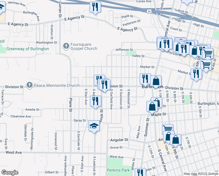 map of restaurants, bars, coffee shops, grocery stores, and more near 303 South Garfield Avenue in Burlington