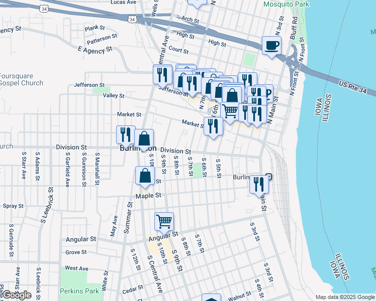 map of restaurants, bars, coffee shops, grocery stores, and more near 131 South 7th Street in Burlington