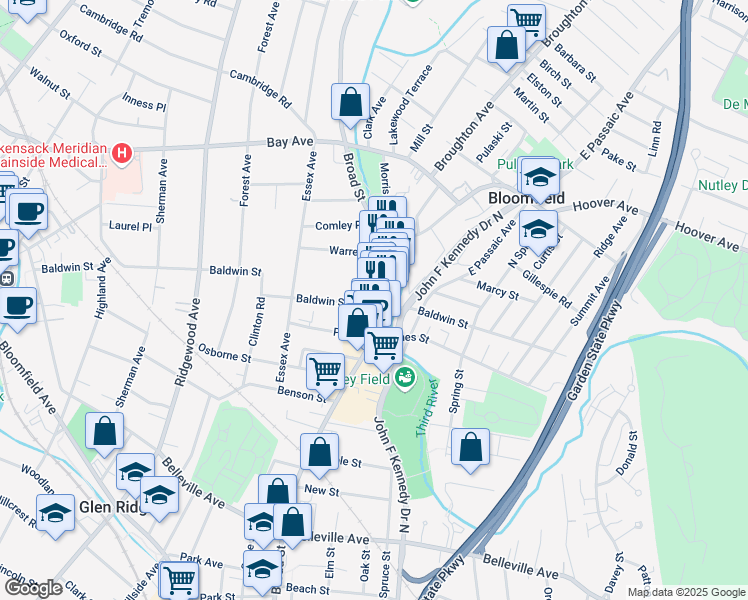 map of restaurants, bars, coffee shops, grocery stores, and more near 11 Baldwin Street in Essex County