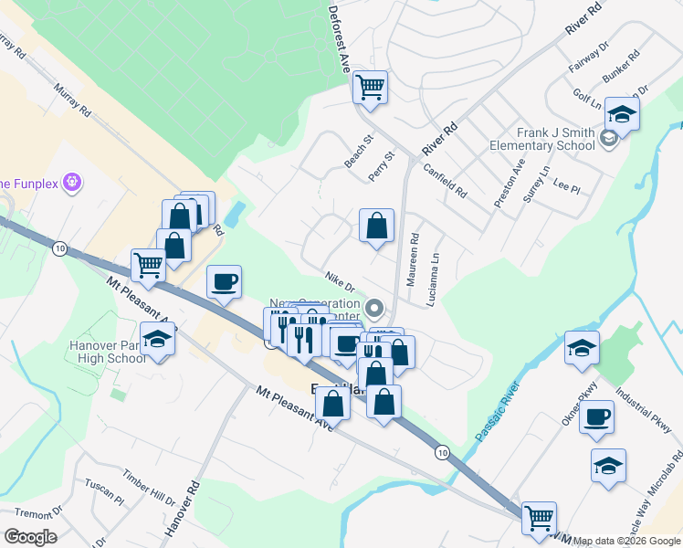 map of restaurants, bars, coffee shops, grocery stores, and more near 10 Donna Drive in East Hanover