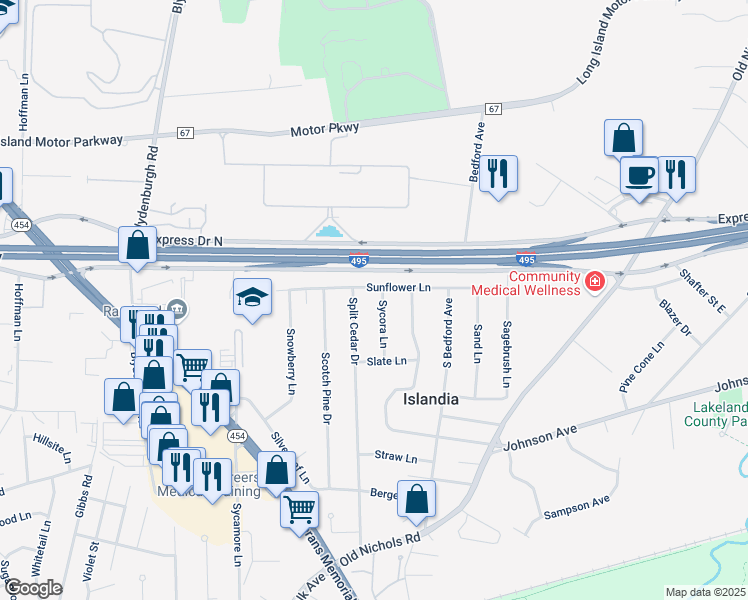 map of restaurants, bars, coffee shops, grocery stores, and more near 40 Sycora Lane in Islandia