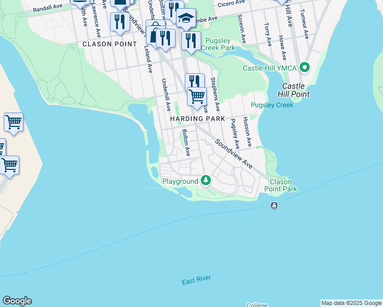 map of restaurants, bars, coffee shops, grocery stores, and more near 108 Bolton Avenue in Bronx