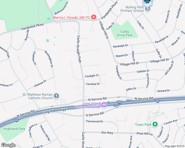 map of restaurants, bars, coffee shops, grocery stores, and more near 5 Firelight Court in Dix Hills