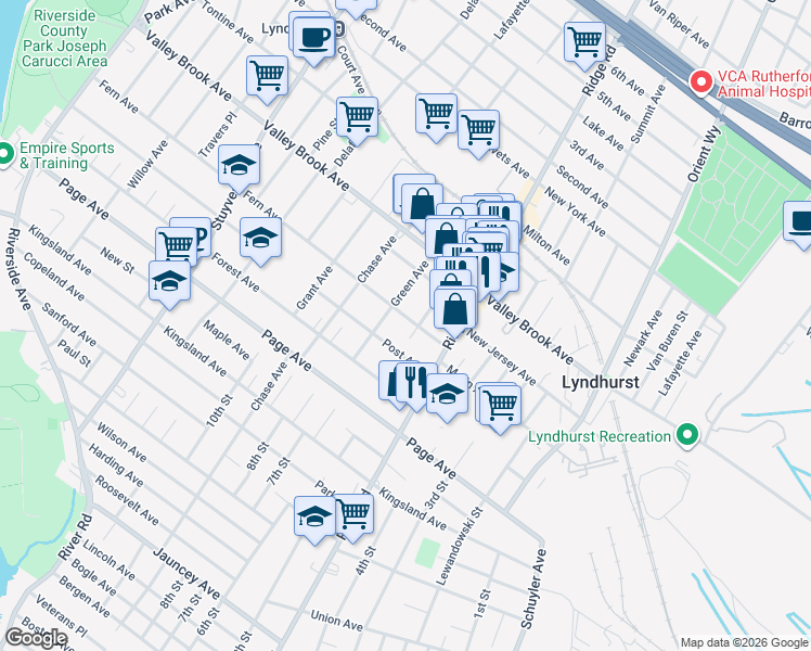 map of restaurants, bars, coffee shops, grocery stores, and more near 556 Fern Avenue in Lyndhurst