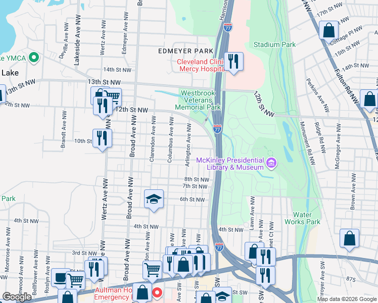 map of restaurants, bars, coffee shops, grocery stores, and more near 2406 10th Street Northwest in Canton