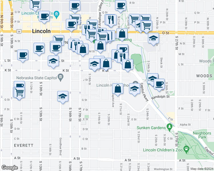 map of restaurants, bars, coffee shops, grocery stores, and more near 611 South 20th Street in Lincoln