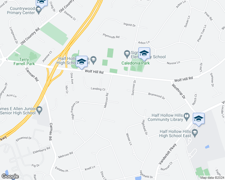 map of restaurants, bars, coffee shops, grocery stores, and more near 104 Melrose Road in Dix Hills