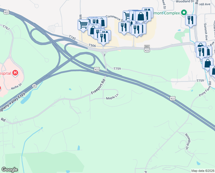 map of restaurants, bars, coffee shops, grocery stores, and more near 1015 Maple Lane in Kittanning