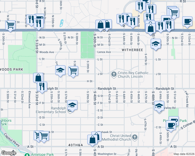map of restaurants, bars, coffee shops, grocery stores, and more near 624 South 40th Street in Lincoln