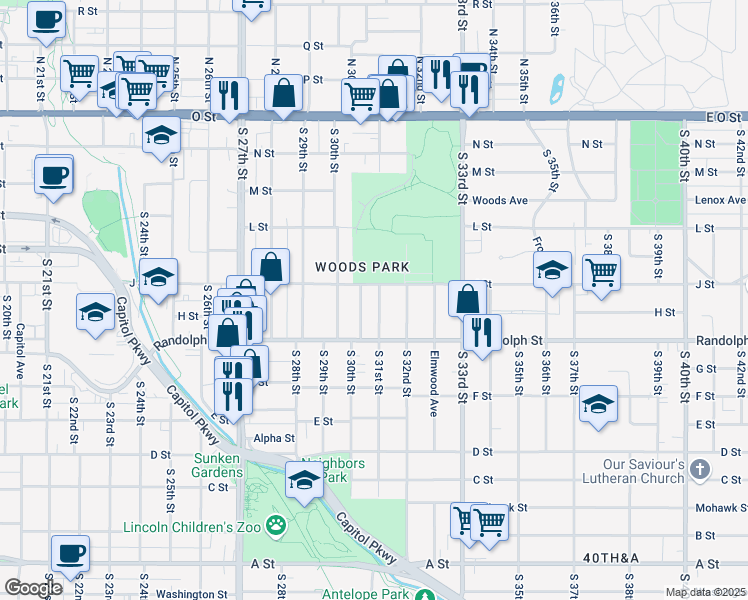 map of restaurants, bars, coffee shops, grocery stores, and more near 625 South 31st Street in Lincoln