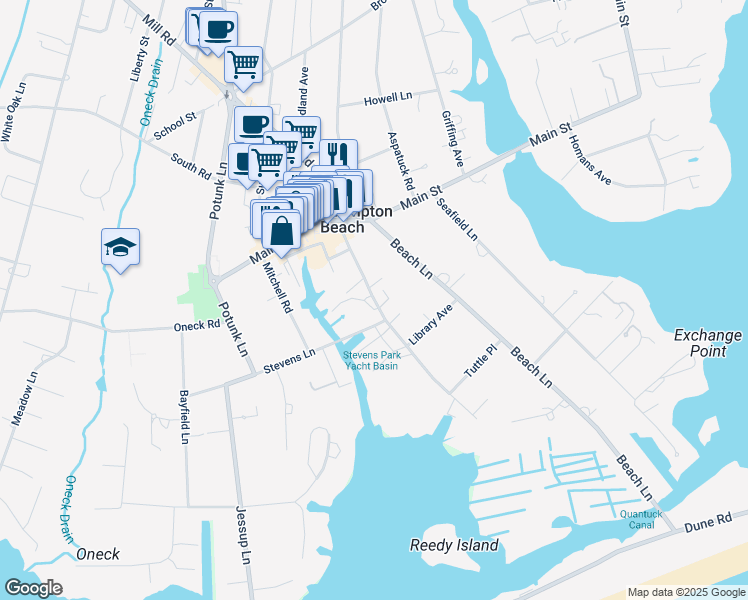 map of restaurants, bars, coffee shops, grocery stores, and more near 35 Library Avenue in Westhampton Beach
