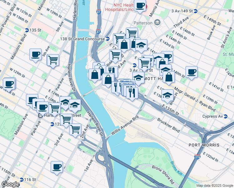 map of restaurants, bars, coffee shops, grocery stores, and more near 20 Bruckner Boulevard in Bronx