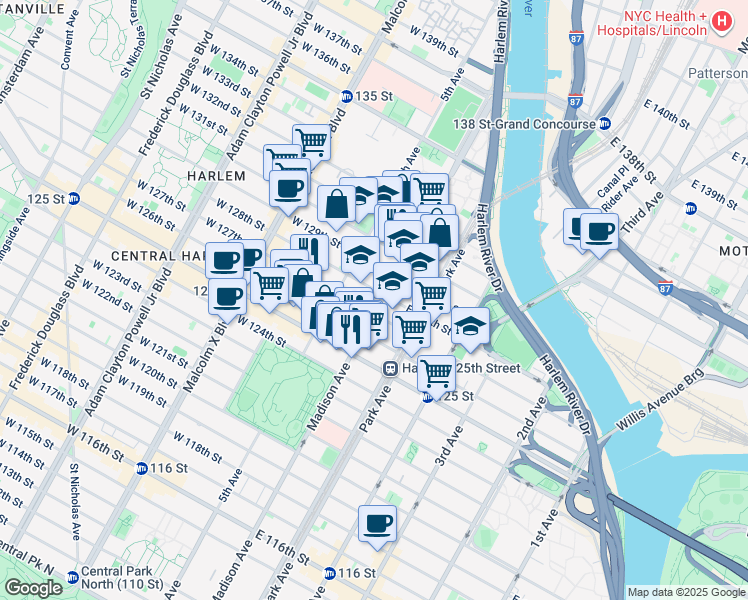 map of restaurants, bars, coffee shops, grocery stores, and more near 2006 Madison Avenue in New York