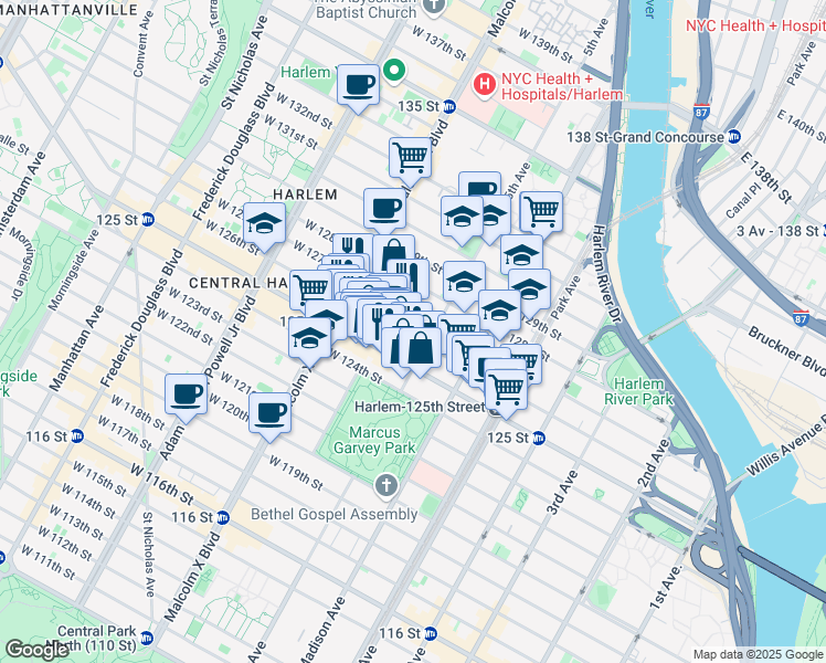 map of restaurants, bars, coffee shops, grocery stores, and more near 23 West 125th Street in New York