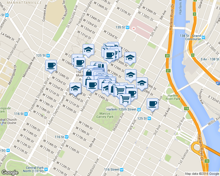 map of restaurants, bars, coffee shops, grocery stores, and more near 55 West 125th Street in New York
