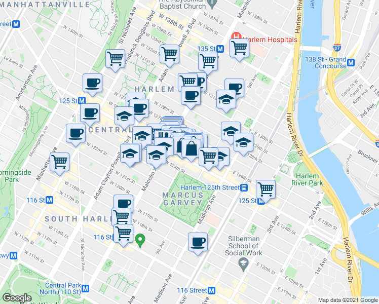 map of restaurants, bars, coffee shops, grocery stores, and more near 55 West 125th Street in New York