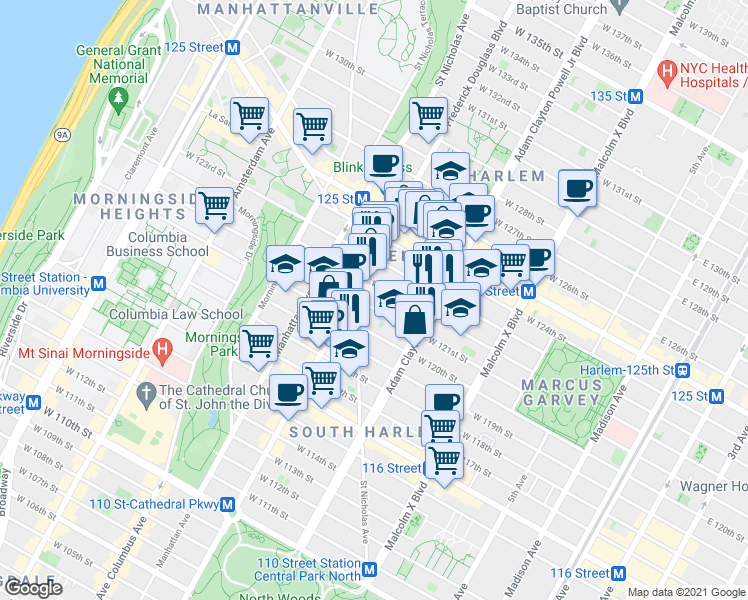 map of restaurants, bars, coffee shops, grocery stores, and more near 234 West 122nd Street in New York