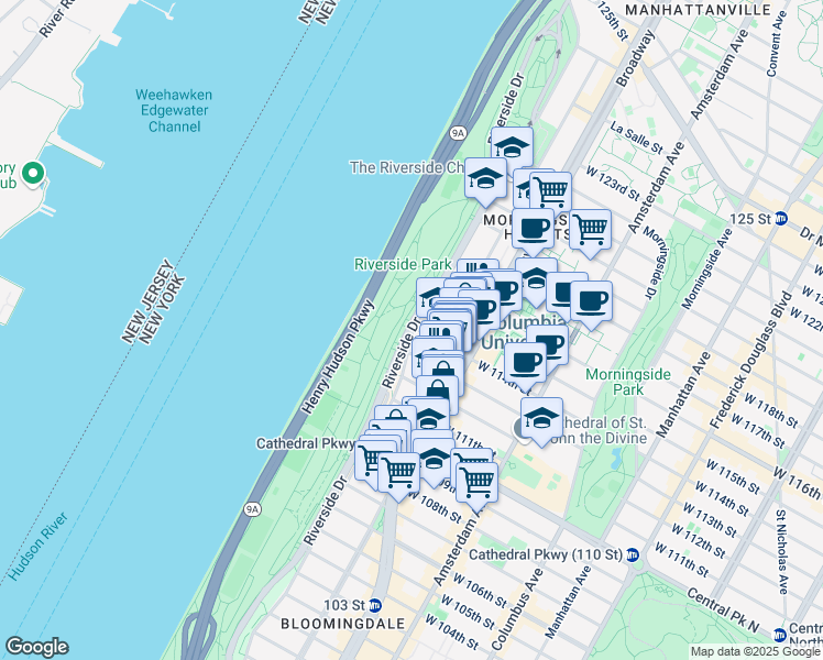 map of restaurants, bars, coffee shops, grocery stores, and more near 420 Riverside Drive in New York