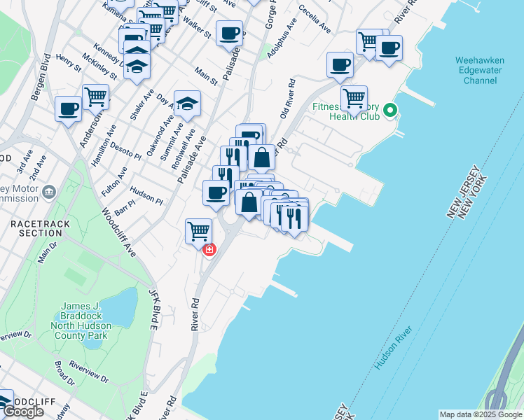 map of restaurants, bars, coffee shops, grocery stores, and more near 26 The Promenade in Edgewater