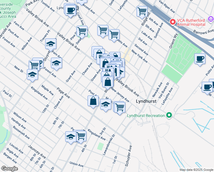 map of restaurants, bars, coffee shops, grocery stores, and more near 341 New Jersey 17 in Lyndhurst