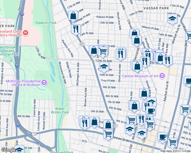 map of restaurants, bars, coffee shops, grocery stores, and more near in Canton