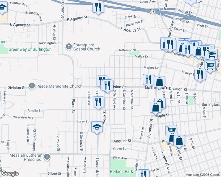 map of restaurants, bars, coffee shops, grocery stores, and more near 303 South Garfield Avenue in Burlington