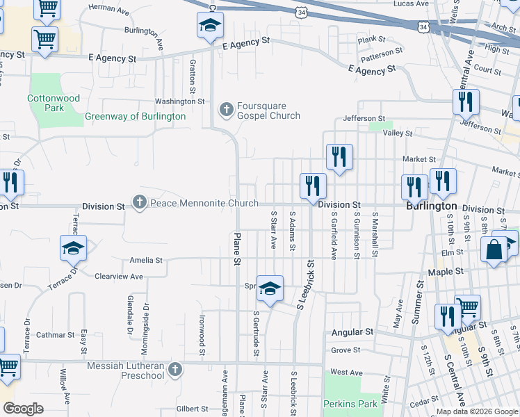 map of restaurants, bars, coffee shops, grocery stores, and more near 1925 Division Street in Burlington