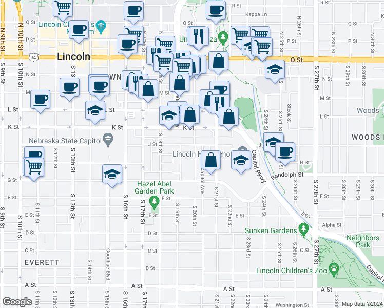 map of restaurants, bars, coffee shops, grocery stores, and more near 611 South 20th Street in Lincoln