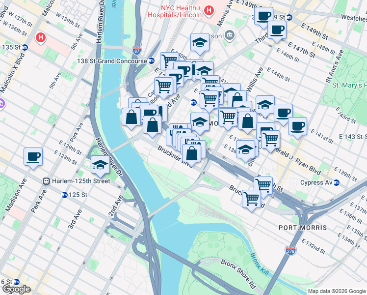map of restaurants, bars, coffee shops, grocery stores, and more near E 134th St & Alexander Ave in Bronx