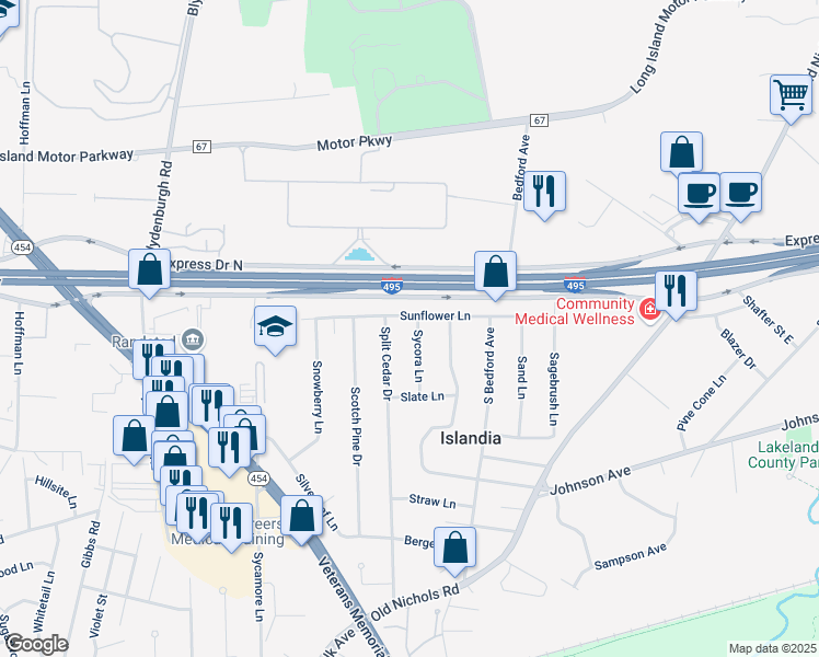 map of restaurants, bars, coffee shops, grocery stores, and more near 40 Sycora Lane in Islandia