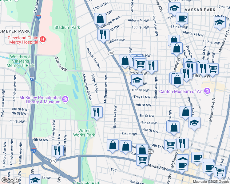 map of restaurants, bars, coffee shops, grocery stores, and more near 945 Brown Avenue Northwest in Canton