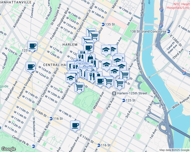 map of restaurants, bars, coffee shops, grocery stores, and more near 23 West 125th Street in New York