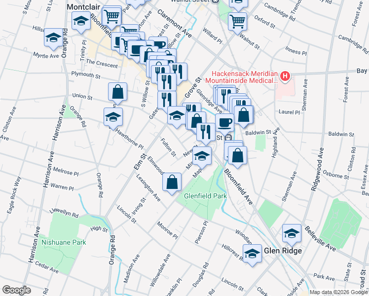 map of restaurants, bars, coffee shops, grocery stores, and more near 10 Washington Street in Montclair
