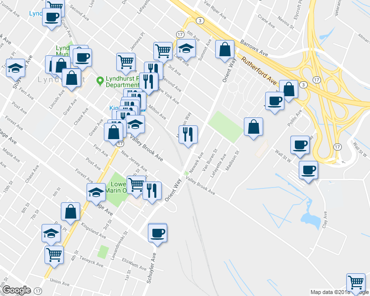 map of restaurants, bars, coffee shops, grocery stores, and more near 748 Pennsylvania Avenue in Lyndhurst