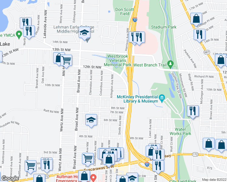map of restaurants, bars, coffee shops, grocery stores, and more near 2332 10th Street Northwest in Canton