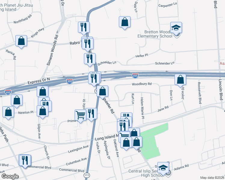 map of restaurants, bars, coffee shops, grocery stores, and more near 23 Woodbury Road in Hauppauge