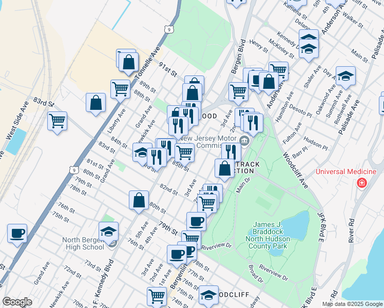 map of restaurants, bars, coffee shops, grocery stores, and more near 8607 4th Avenue in North Bergen