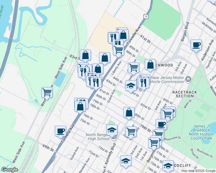 map of restaurants, bars, coffee shops, grocery stores, and more near 1604 82nd Street in North Bergen
